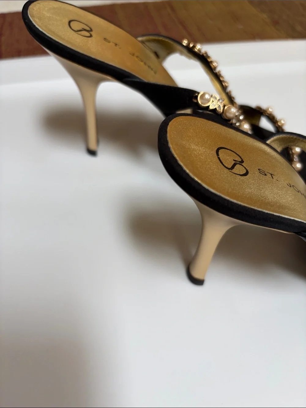 St. John Black Heeled Sandals with Pearl and Gold Accents